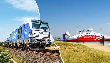 Eine Kollage mit dem blauen AUTOZUG Sylt und der Sylt Fähre geteilt durch eine Abrisskante