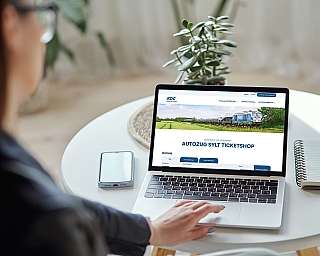 Blick über die Schulter einer Frau auf einen Laptopbildschirm, auf dem der Webshop vom blauen AUTOZUG geöffnet ist.
